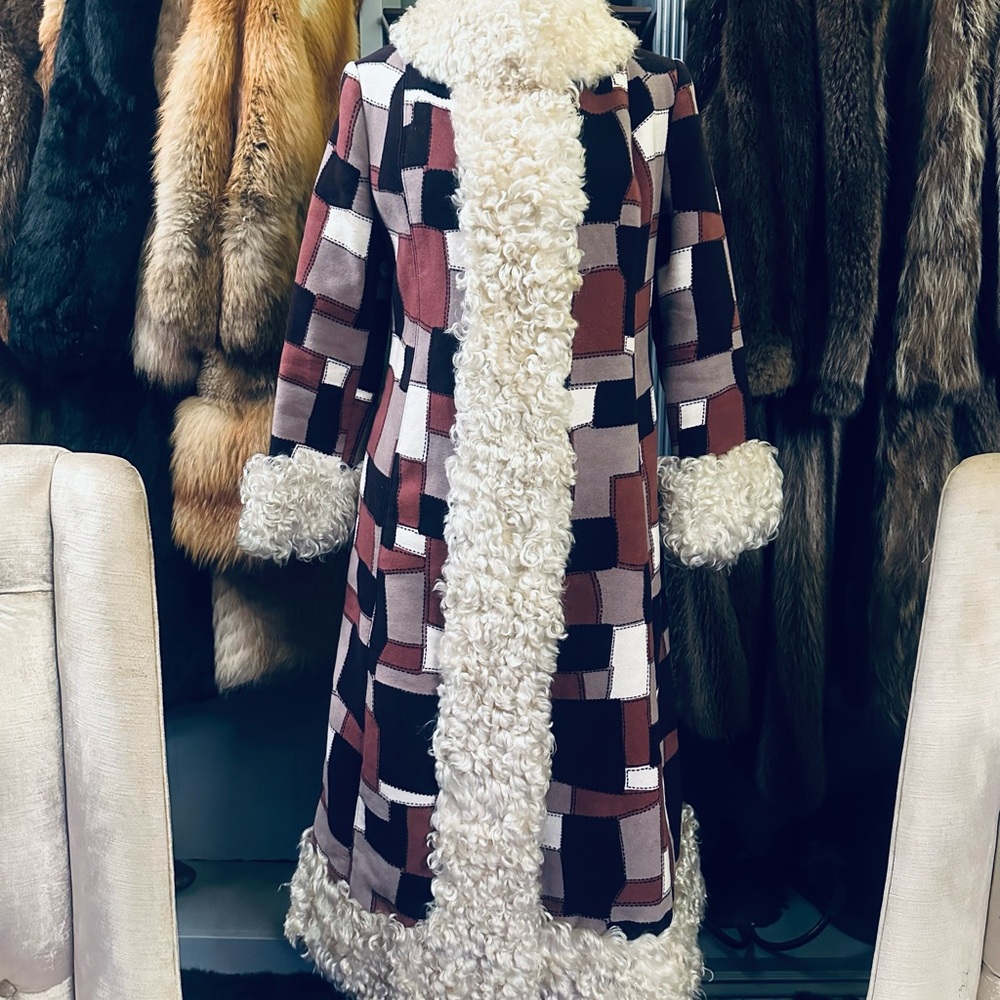 Vintage Handmade Patchwork Faux Suede 70s Penny Lane Coat w/ Faux Shearling Trim